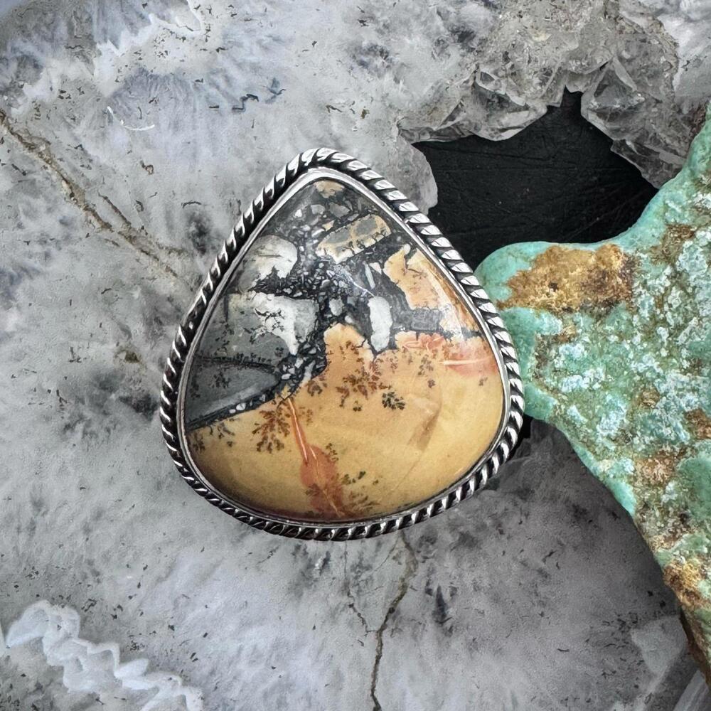 Sterling Southwestern Style Wide Teardrop Maligano Jasper Ring S 7.75 For Women - Picture 5 of 10
